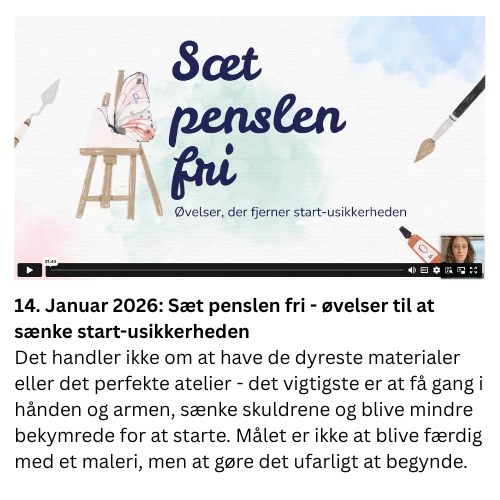 det ikke handler om at have de dyreste materialer eller det perfekte atelier - det vigtigste er at f&aring; gang i h&aring;nden og armen, s&aelig;nke skuldrene og blive mindre bekymrede for at starte. M&aring;let var ikke at blive f&aelig;rdige med et maleri, men at g&oslash;re det ufarligt at begynde.